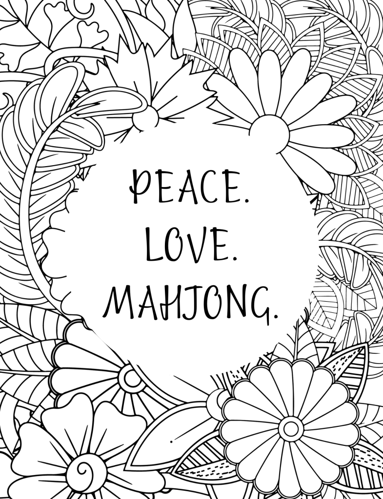 mahjong coloring page - peace, love, mahjong